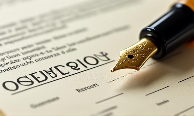 Close up of a legal contract with a fountain pen